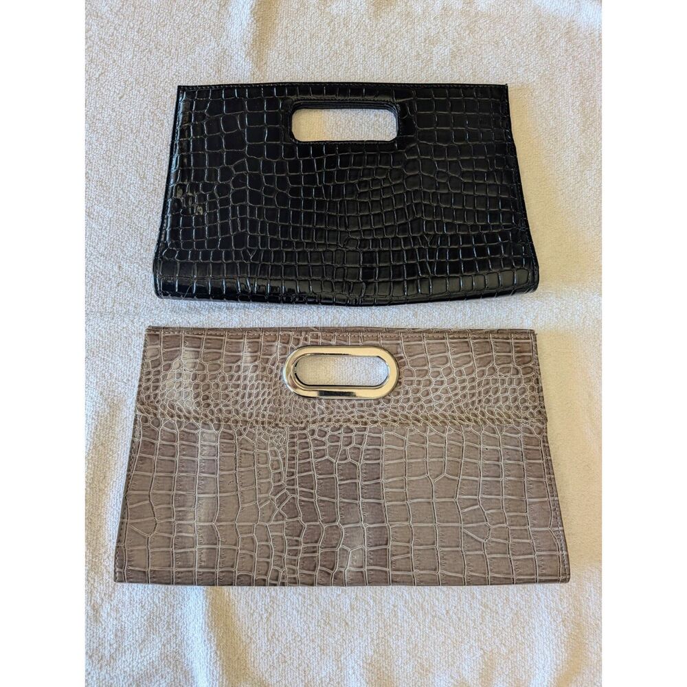 Lot of 2 Croc Embossed Clutch Handbags Black Taupe Faux Leather Purses